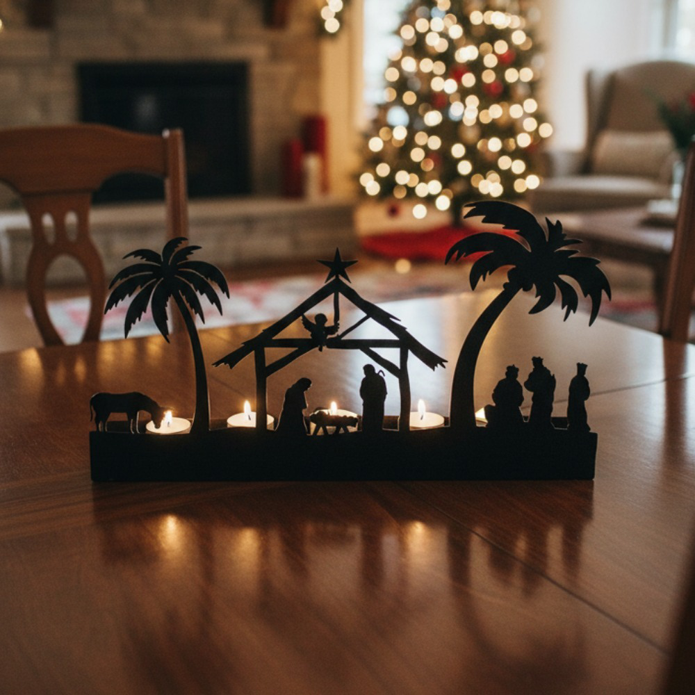 Farmhouse Rustic Advent Candle Holder Rustproof, Metal Nativity Candelabra for Mantel Table, 4-Cup Black Iron Design, Vintage Christmas Centerpiece – view 2
