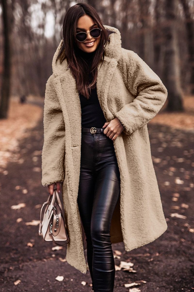 Elegant Long Coat Woman Plush Warm Faux Fleece Coat Autumn Winter Fashion Teddy Jacket Female Teddy Coat Outwear Ladies – Apricot