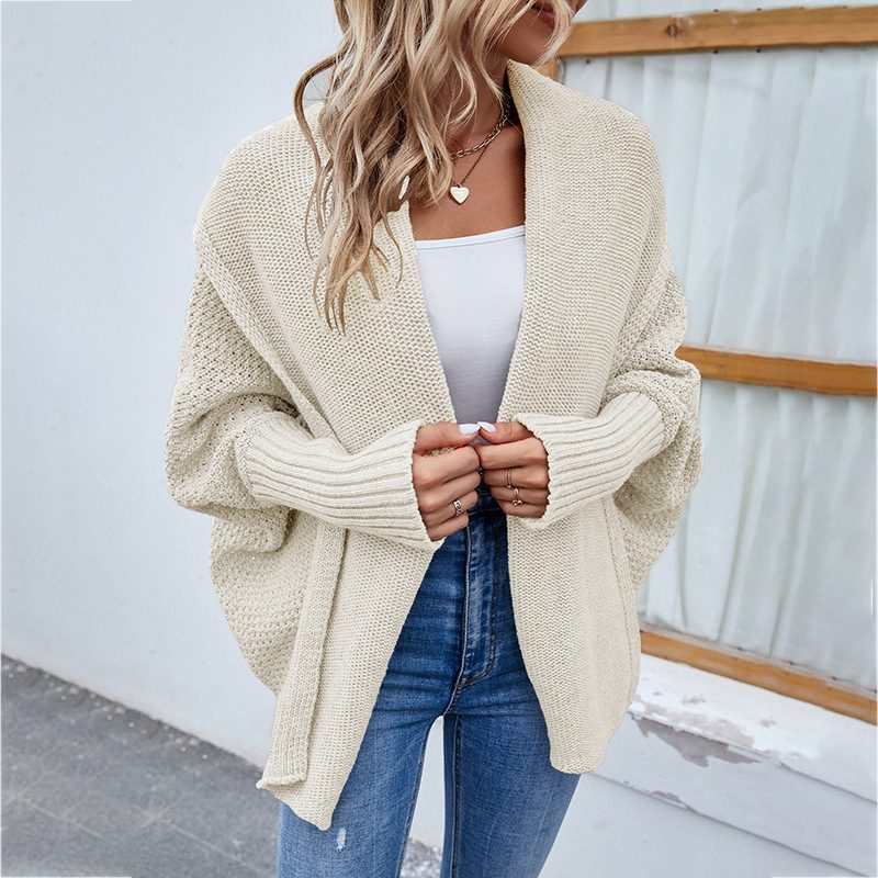 New Loose Knitted Sweater Solid Color Bat Sleeve Large Lapel Cardigan Autumn And Winter Fashion Jacket For Women Clothing – Apricot