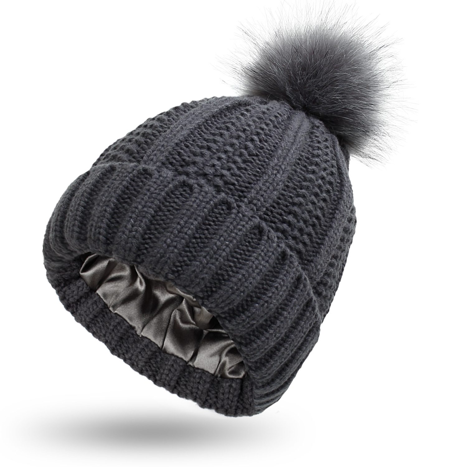 Winter Knitted Hats Fashion Stretchy Lined Skull Hats For Women Faux Fur Pom Pom Hat Keep Warming Beanie Hat – Dark Grey