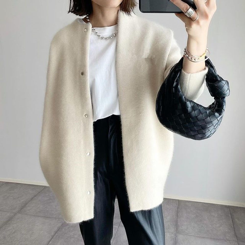 Loose Round Neck Single Breasted Cardigan Fashion Solid Color Coat Jacket Autumn And Winter Women's Clothing – Beige Knitted Material