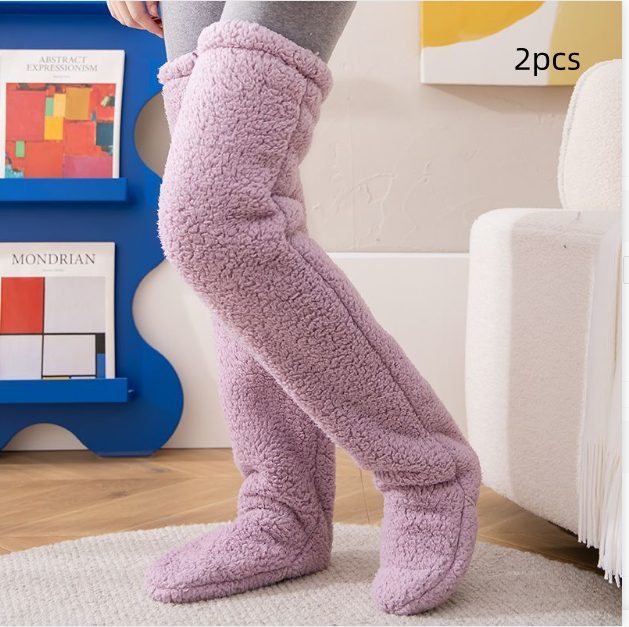 Over Knee High Fuzzy Long Socks Winter Warm Cold Leg Knee Joint Cold-proof Stockings Home Floor Sleeping Socks – Purple 2pcs