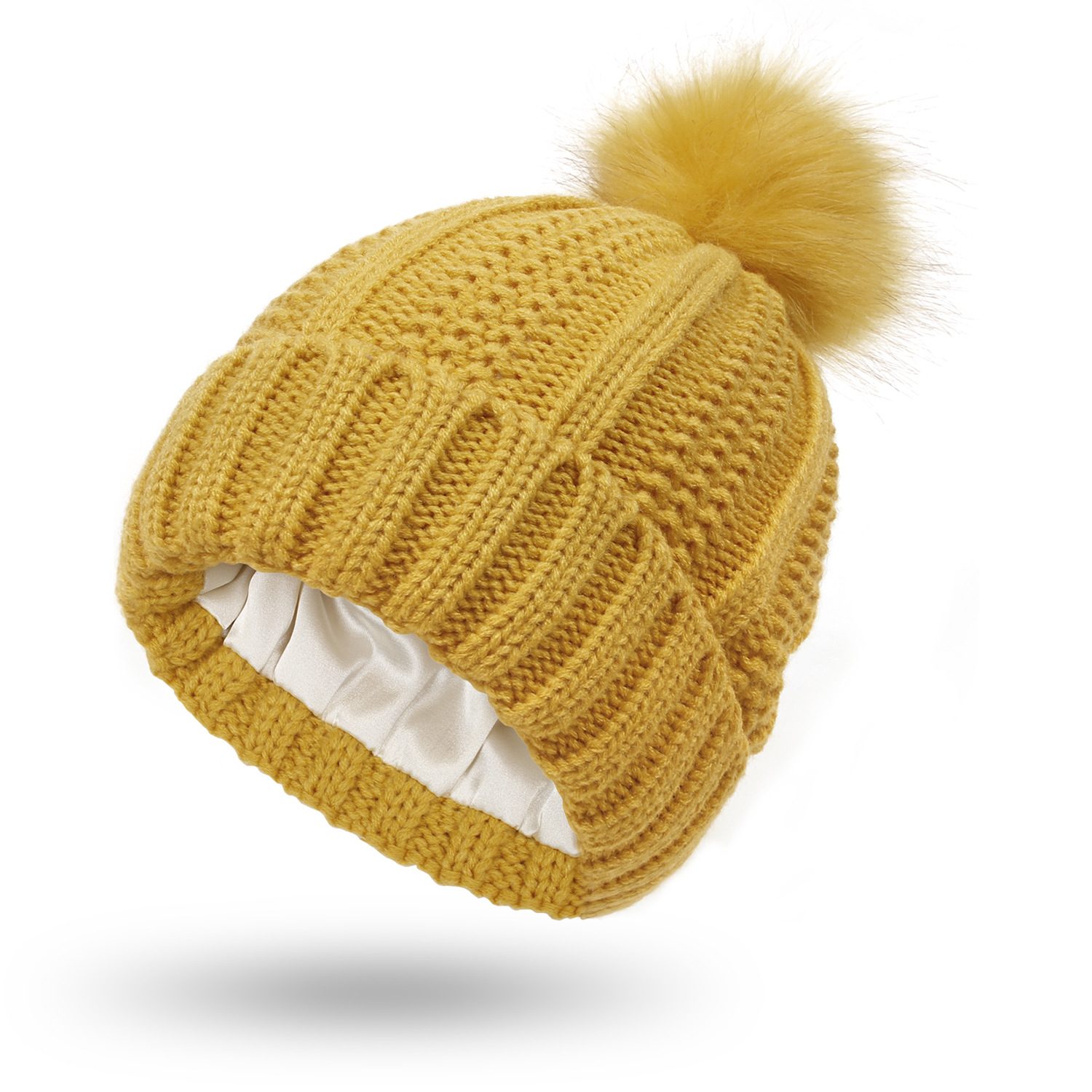 Winter Knitted Hats Fashion Stretchy Lined Skull Hats For Women Faux Fur Pom Pom Hat Keep Warming Beanie Hat – Yellow