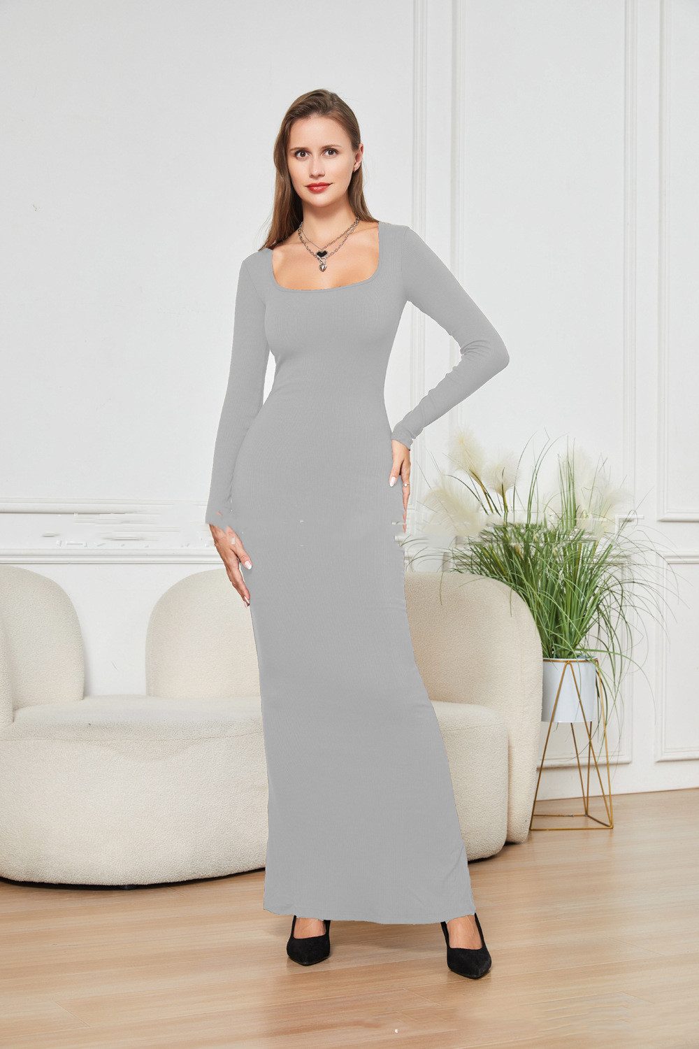 Two-in-one With Lining Double-layer Belly Contracting Hip Lifting Long Sleeve Narrow Dress – Gray