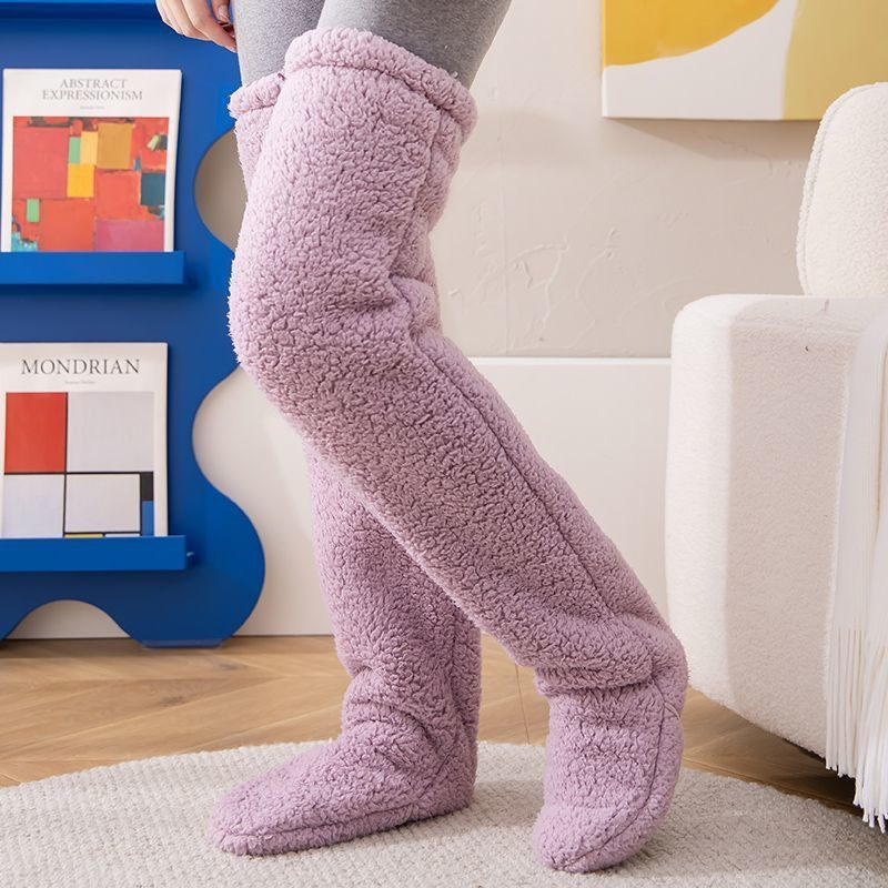 Over Knee High Fuzzy Long Socks Winter Warm Cold Leg Knee Joint Cold-proof Stockings Home Floor Sleeping Socks – Taro Purple