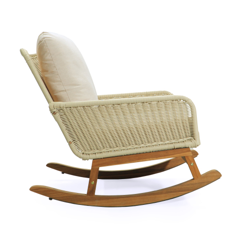 Contemporary Minimalist Ivory Wicker Rocking Chair With Soft Polyester Cushions And Durable Wooden Frame, Perfect For Indoor And Outdoor Spaces Like Patio, Balcony, Or Living Room – view 7