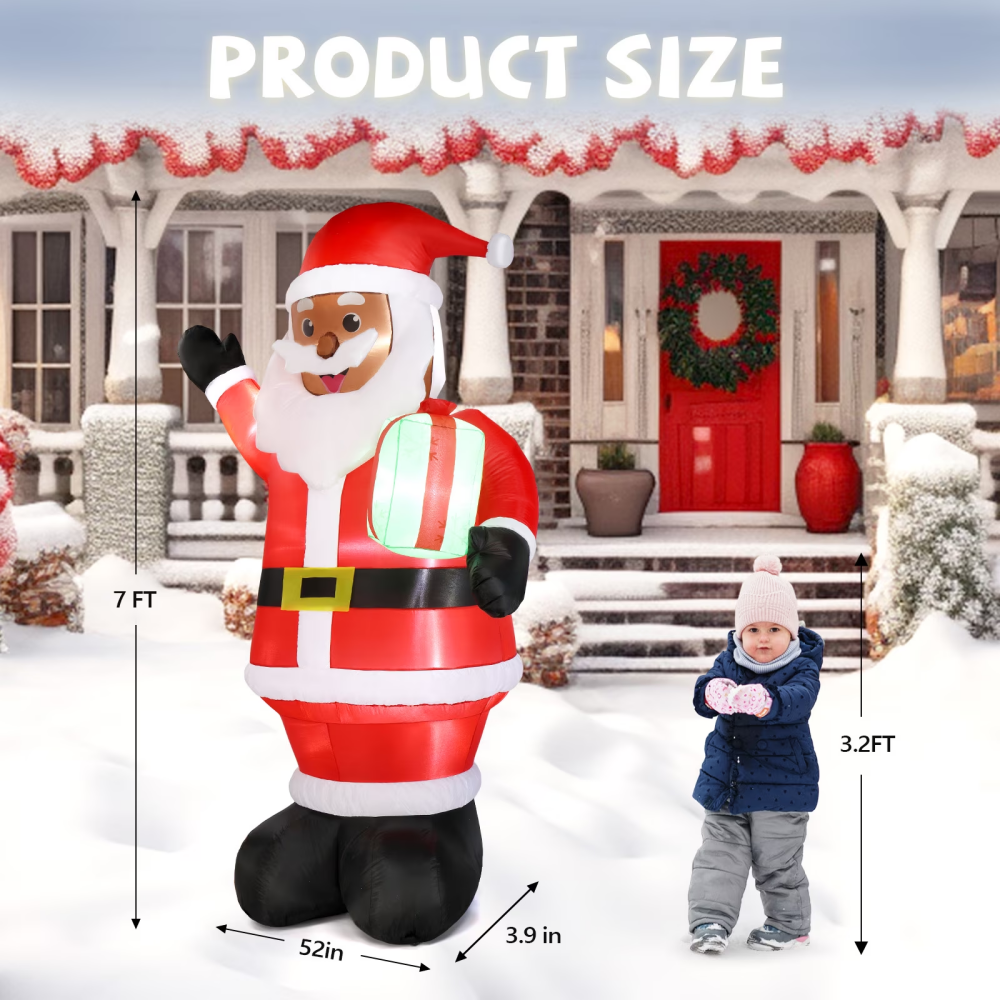 7 FT Lighted Black Santa Inflatable, Holding Gift, Blow Up Yard Decor With Built-in LED Lights – A