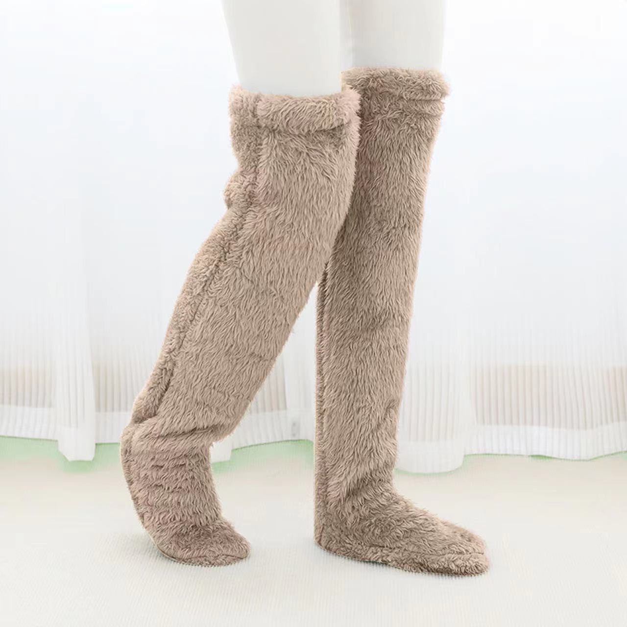 Over Knee High Fuzzy Long Socks Winter Warm Cold Leg Knee Joint Cold-proof Stockings Home Floor Sleeping Socks – Khaki