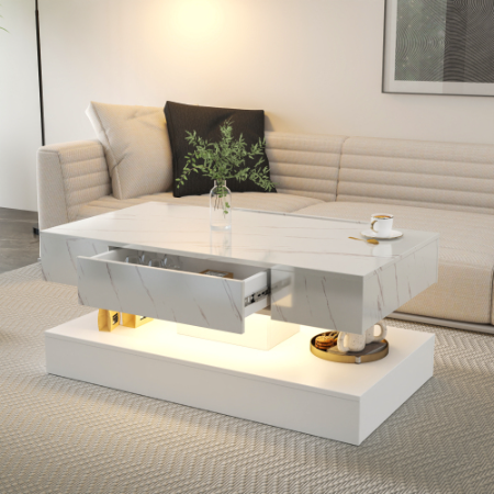 6.93IN High LED Coffee Table,Modern Coffee Table For Living Room,Living Room Tables,Large Living Room Furniture,LED Lights – White