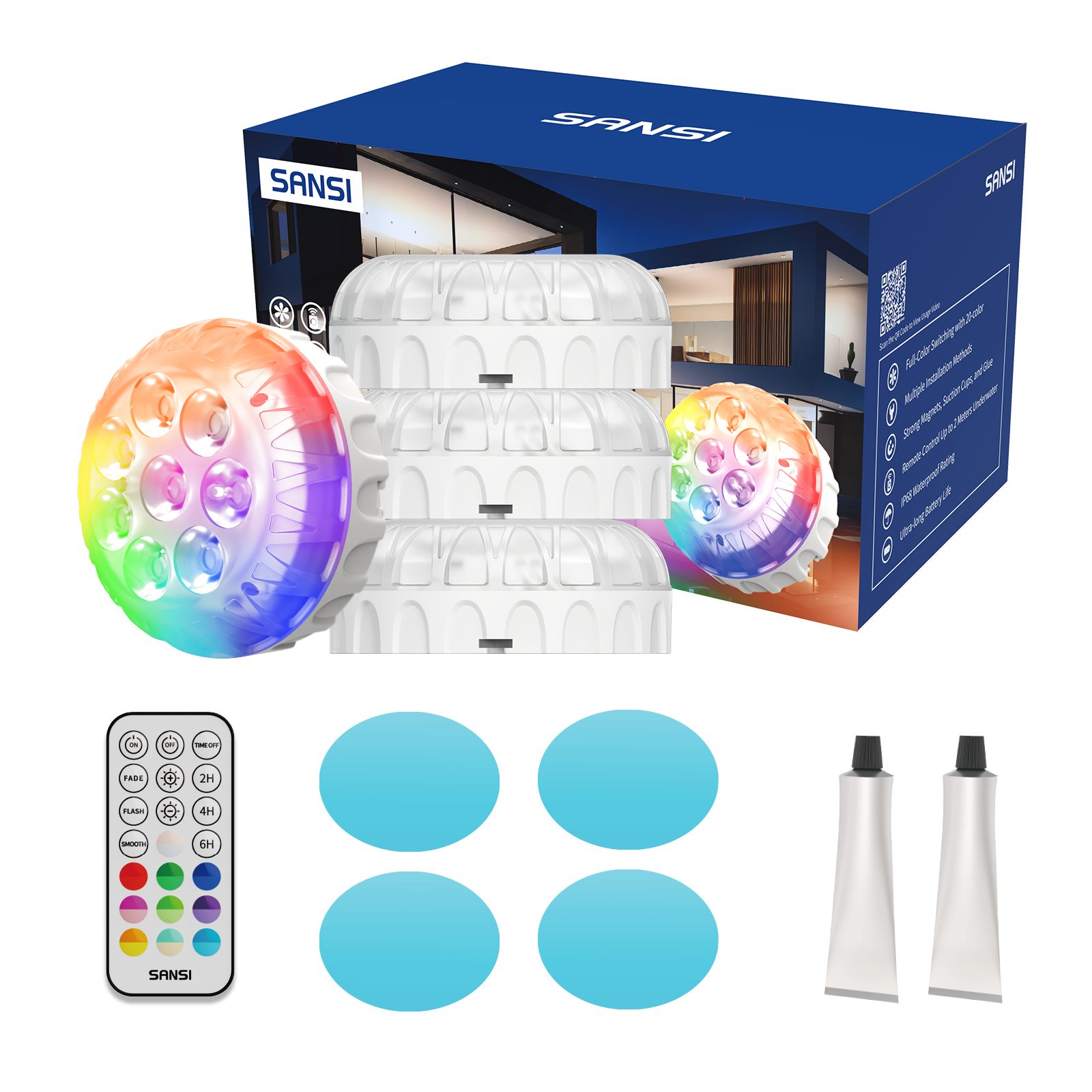 SANSI IP68 Waterproof RGB Pool Light, Summer Rechargeable 20Hrs Outdoor LED Lamp For Swimming Pool,Pond,Shower,Bath – 4pack
