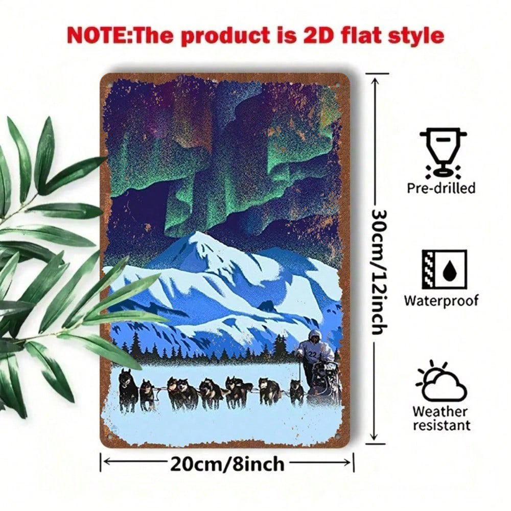 1pc Vintage Metal Tin Sign, Sign, 2D Flat Sled Dogs Under Aurora Northern Lights, Lights Pattern 8x12in Winter Forest Christmas, Wall Plaque Re – view 2