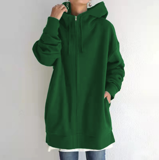 Oversized S-5XL Women Loose Hooded Coats Autumn Female Tie Collar Long Sleeve Zipper Up Add Velvet Long Sweatshirt – Dark Green