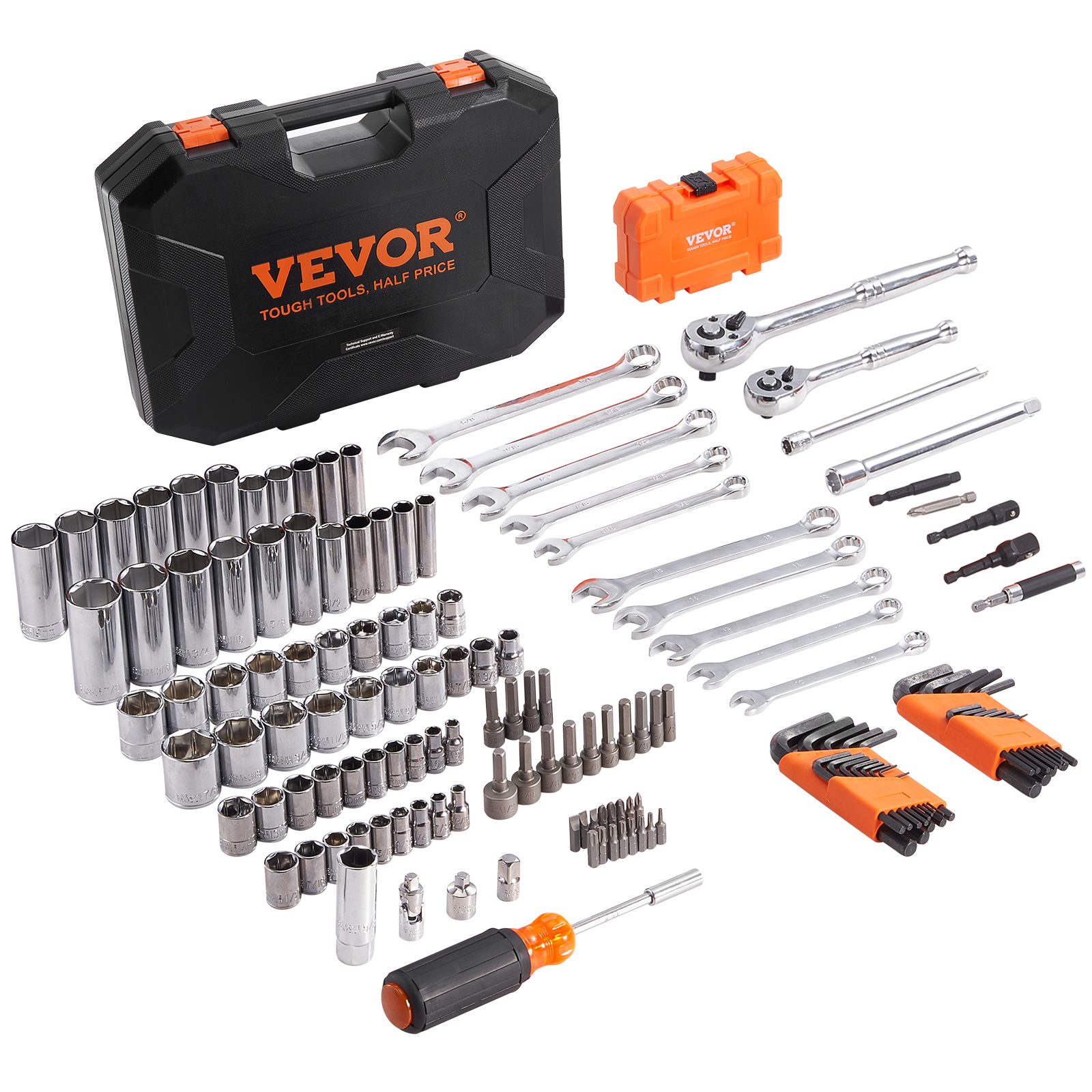 VEVOR Mechanics Tool Set And Socket Set, Drive Deep And Standard Sockets, 145 Pcs SAE And Metric Mechanic Tool Kit With Bits, Combination Wrench, Hex Wrenches, Accessories, Storage Case – Default