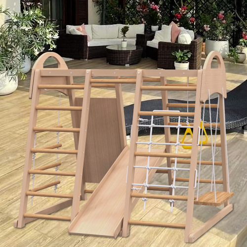 Indoor Playground 7-in-1 Jungle Gym Playset For Kids 2-6yrs - Slide, Climbing Wall, Rope Wall Climber, Monkey Bars, Swing - Waldorf And Montessori Style Wooden Climb Set. – view 6