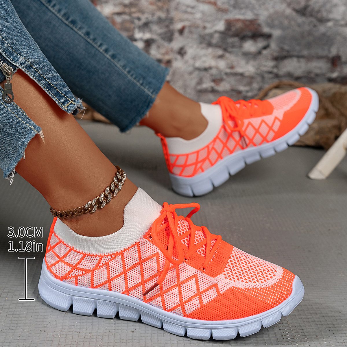 Colorblock Plaid Lace-Up Flyknit Sneakers Ins Mesh Casual Shoes Fashion Breathable Walking Running Sports Shoes For Women – Orange