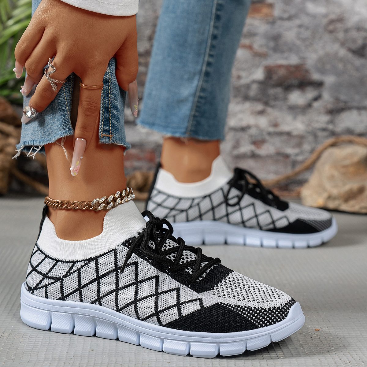 Colorblock Plaid Lace-Up Flyknit Sneakers Ins Mesh Casual Shoes Fashion Breathable Walking Running Sports Shoes For Women – view 9
