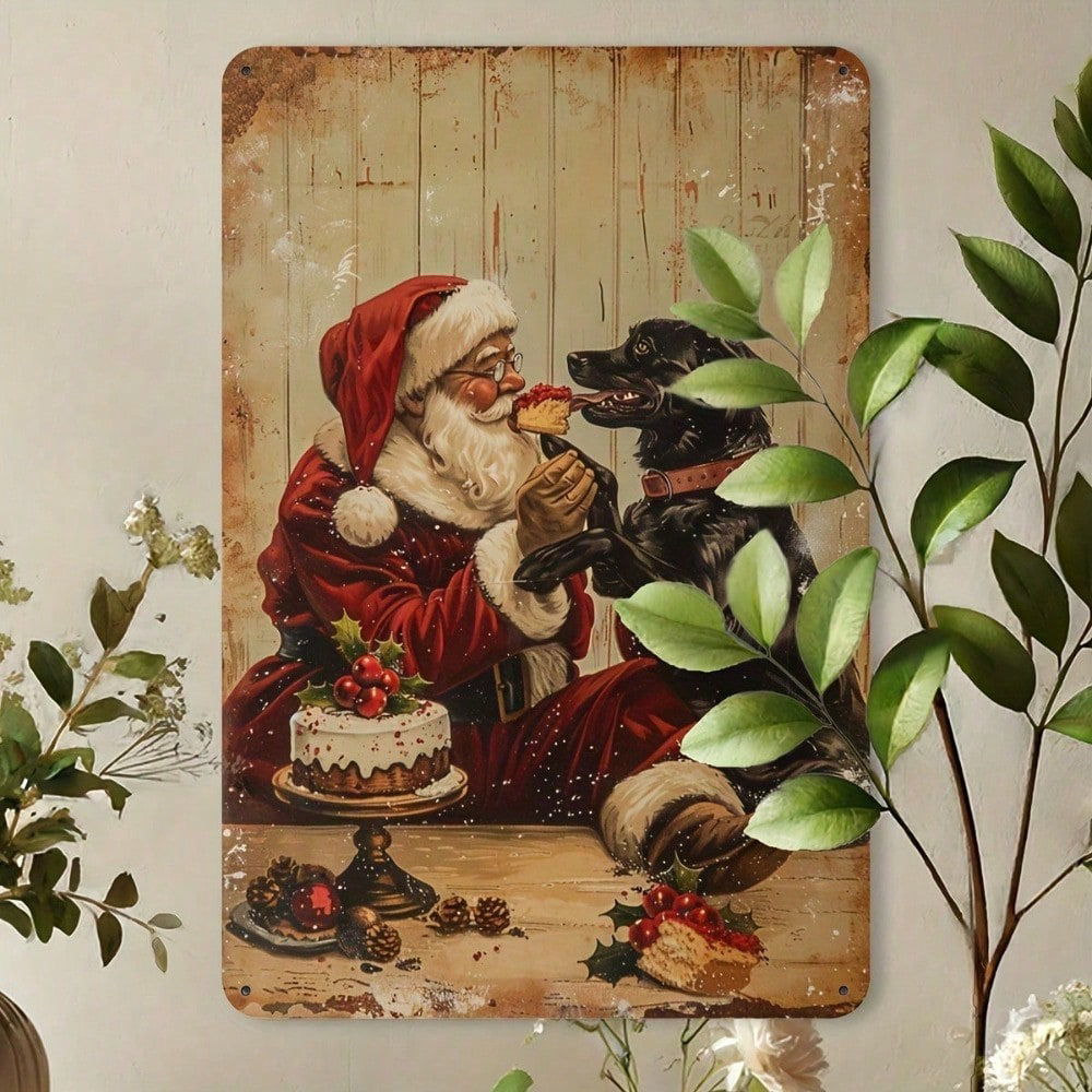 Vintage Santa Claus And Puppy Metal Tin Sign, Sign, Retro Christmas Wall Decor 8x12 – view 3