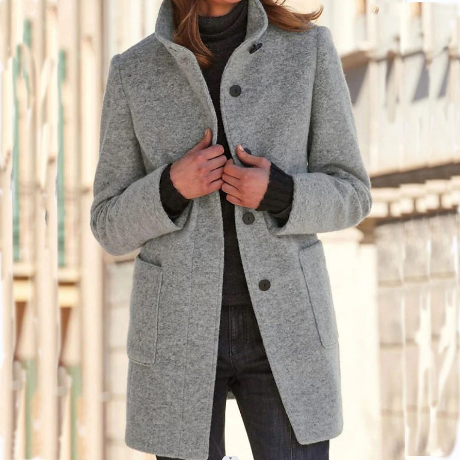Fashion Stand Collar Woolen Coat With Pockets Fall Winter Casual Button Outwear For Women Clothing – Light Grey