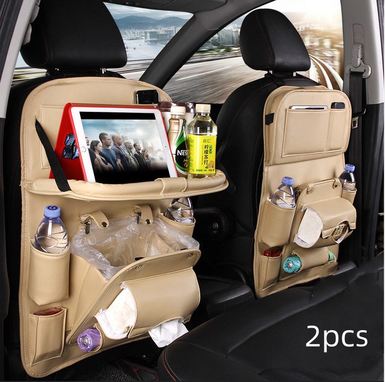 PU Leather Car Storage Bag Multifunction Seat Back Tray Hanging Bag Waterproof Car Organizer Automotive Interior Accessories – Beige 2pcs