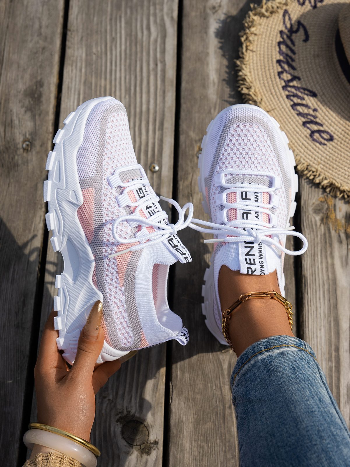 Flyknit Mesh Shoes Women's Breathable Lace-up Sneakers Walking Running Casual Shoes – White Ash Gray