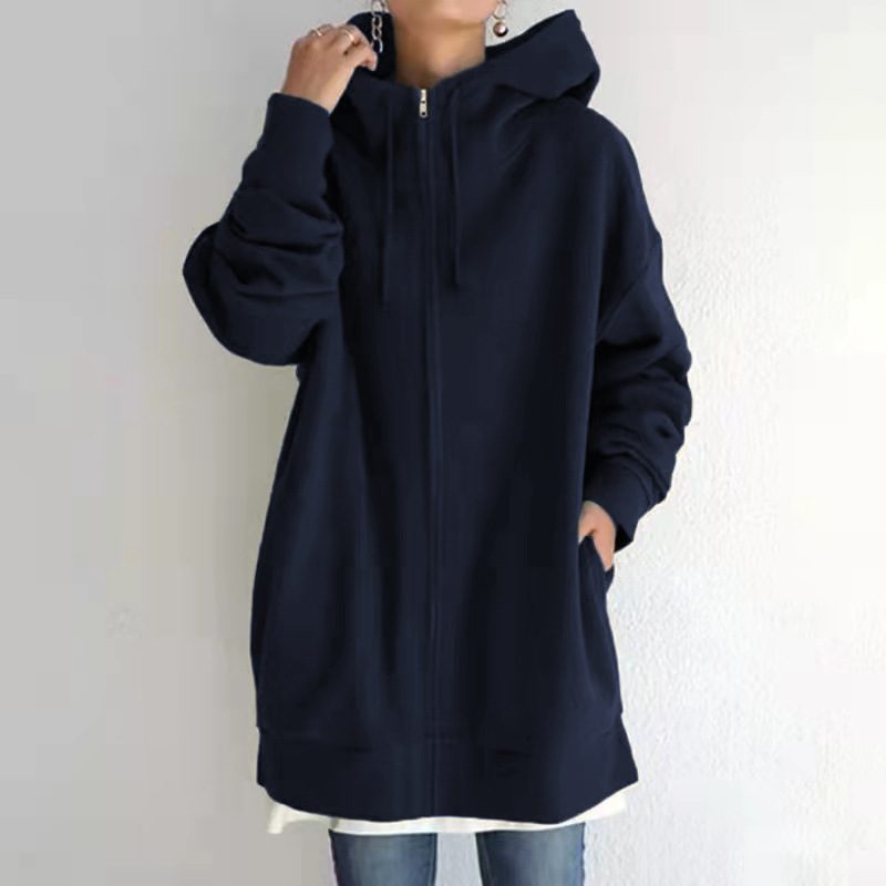 Oversized S-5XL Women Loose Hooded Coats Autumn Female Tie Collar Long Sleeve Zipper Up Add Velvet Long Sweatshirt – Dark Blue