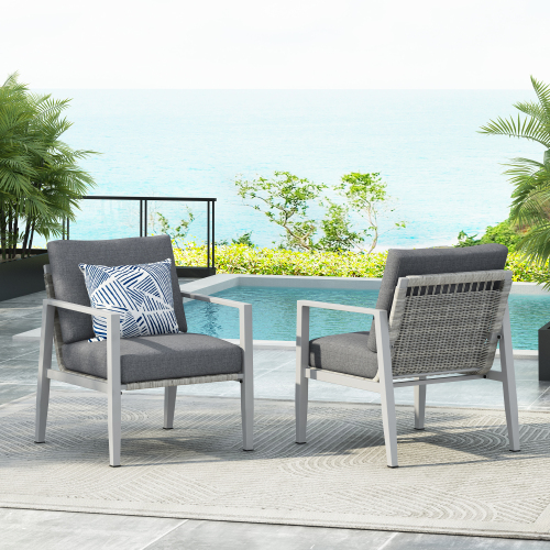 Gray Aluminum Lounge Chair With Sleek Rope Accents And Comfortable Cushions, Perfect For Modern Outdoor And Indoor Spaces – SilverWhite