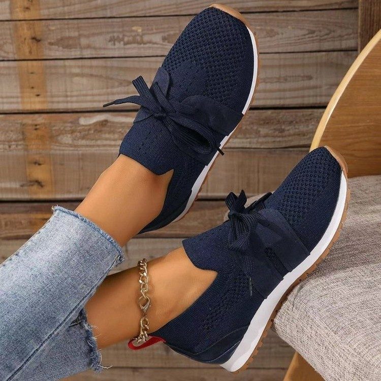 New Lace Up Mesh Flats Shoes For Women Breathable Casual Breathable Walking Wedges Shoes – Dark Blue