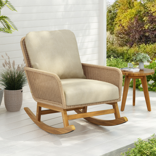 Contemporary Minimalist Ivory Wicker Rocking Chair With Soft Polyester Cushions And Durable Wooden Frame, Perfect For Indoor And Outdoor Spaces Like Patio, Balcony, Or Living Room – view 12