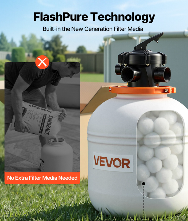 FlashPure Sand Filter Pump, 16 In For Above Ground Pool, 1 HP 4400 GPH, Swimming Pool Filter System With Timer, 6X Faster Filtration With Media Installed, Leak-Resistant, Ready To Use Out Of Box – White