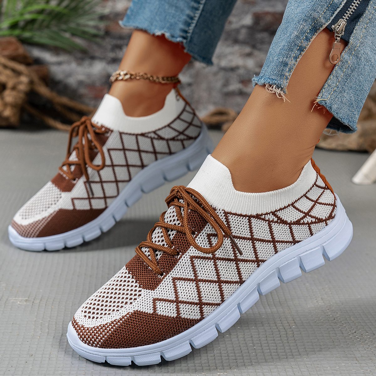 Colorblock Plaid Lace-Up Flyknit Sneakers Ins Mesh Casual Shoes Fashion Breathable Walking Running Sports Shoes For Women – view 7