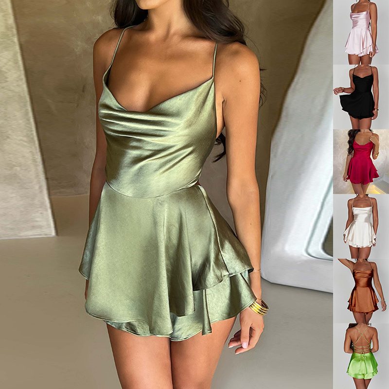 Sexy Suspender Skirt For Women Elegant Slim Strap Satin Backless Lace Up A-Line Short Dress Lady – view 17