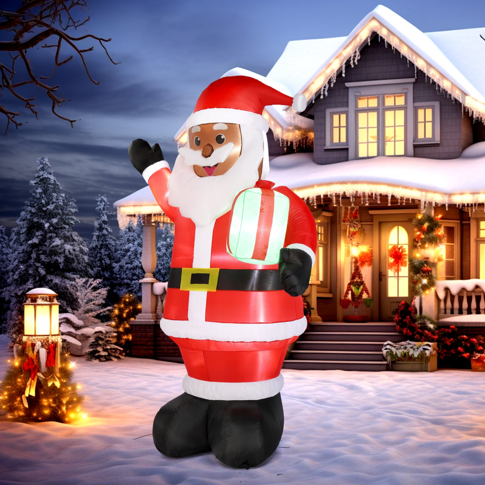 7 FT Lighted Black Santa Inflatable, Holding Gift, Blow Up Yard Decor With Built-in LED Lights – view 3