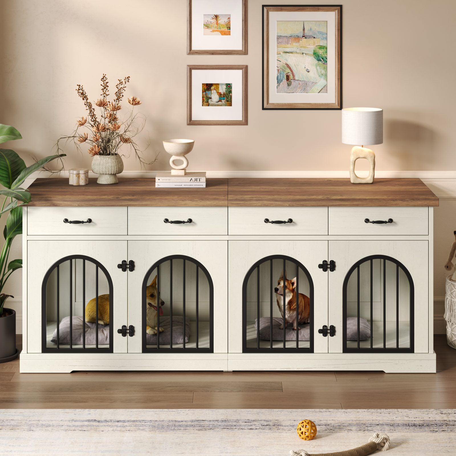 70.8 Large Dog Crate Furniture For 2 Dogs, Dog Kennel Indoor With Removable Divider Door And 4 Storage Drawers, End Table, Dog Crate TV Stand With 4 Doors For Medium Small Dogs, White And Brown – BrownWhite