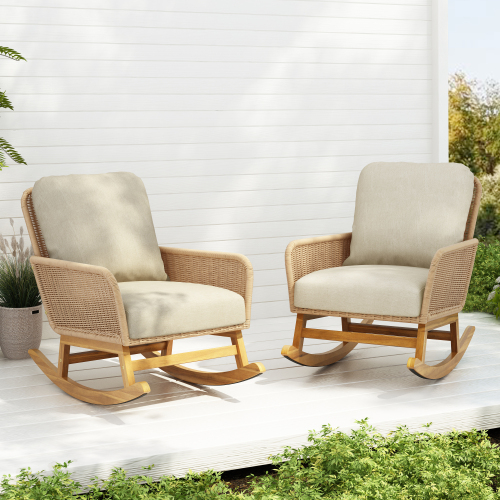 Contemporary Minimalist Ivory Wicker Rocking Chair With Soft Polyester Cushions And Durable Wooden Frame, Perfect For Indoor And Outdoor Spaces Like Patio, Balcony, Or Living Room – view 11