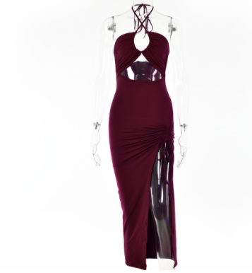 Sexy Halterneck Lace-up Split Dress Summer Y2K Fashion Party Baech Long Dresses For Womens Clotjing – Wine Red