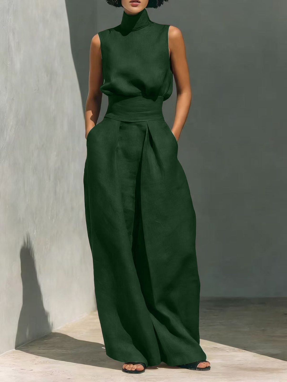 Casual Sleeveless Suit Summer Stand-up Collar Pullover Top And Loose Straight-leg Trousers Women's Clothing – Dark green