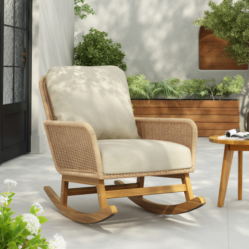 Contemporary Minimalist Ivory Wicker Rocking Chair With Soft Polyester Cushions And Durable Wooden Frame, Perfect For Indoor And Outdoor Spaces Like Patio, Balcony, Or Living Room – Beige