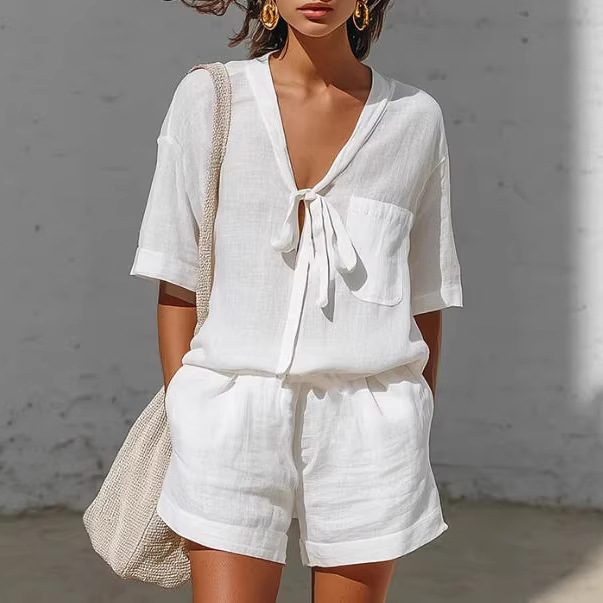 Summer New Solid Color Casual Cardigan Lace-up Short-sleeve Shirt Loose Shorts Set For Women – White
