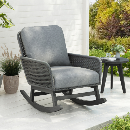 Contemporary Minimalist Ivory Wicker Rocking Chair With Soft Polyester Cushions And Durable Wooden Frame, Perfect For Indoor And Outdoor Spaces Like Patio, Balcony, Or Living Room – view 3