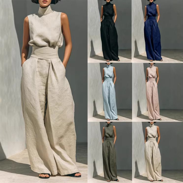 Casual Sleeveless Suit Summer Stand-up Collar Pullover Top And Loose Straight-leg Trousers Women's Clothing – view 16