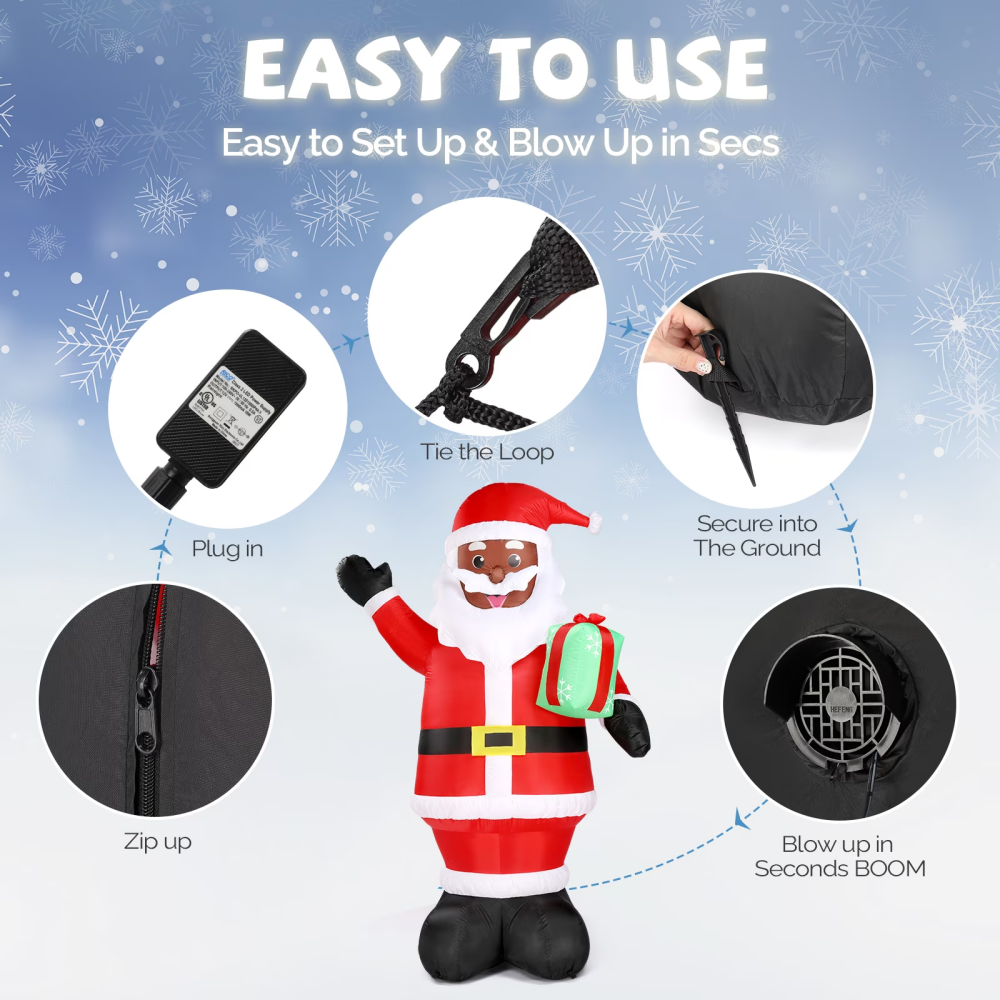 7 FT Lighted Black Santa Inflatable, Holding Gift, Blow Up Yard Decor With Built-in LED Lights – view 4