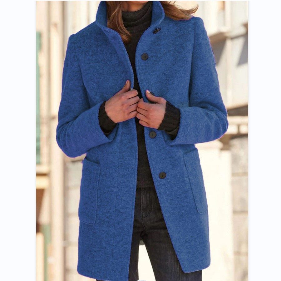 Fashion Stand Collar Woolen Coat With Pockets Fall Winter Casual Button Outwear For Women Clothing – Sky Blue