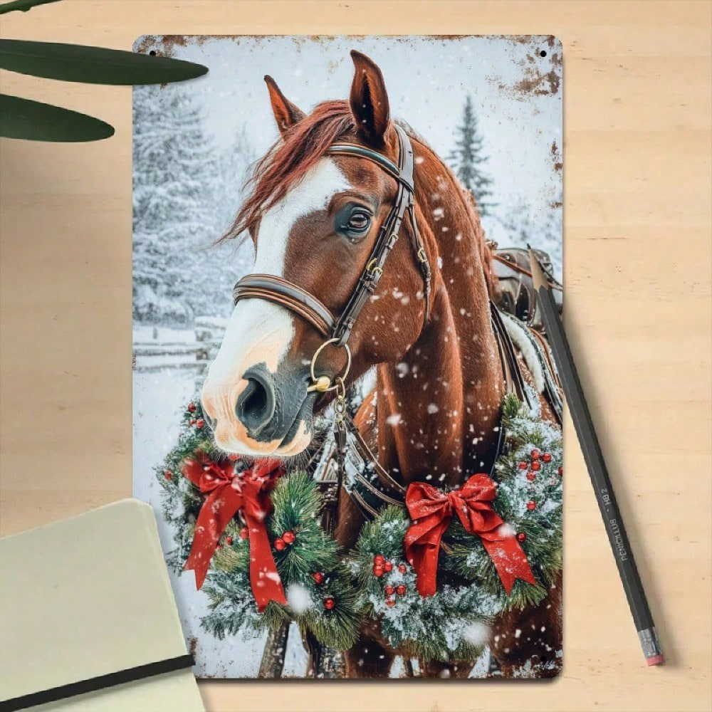 Christmas Horse Metal Wall Decor, Iron Hanging Sign Warm Winter 8x12 – view 2