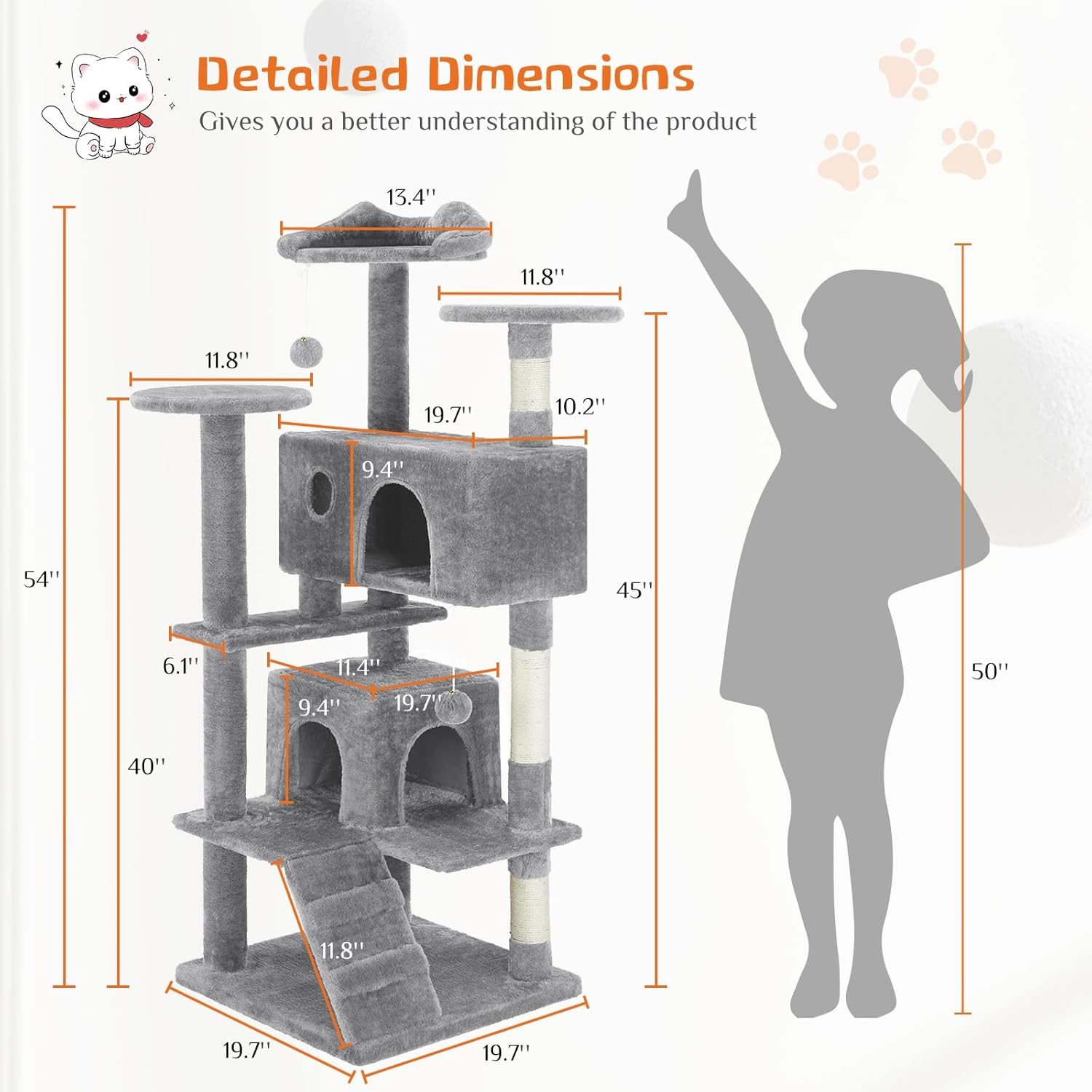 54 -Cat Tree Tower - Multi-level With Sisal Grab Post, Indoor Apartment With Ladder, Plush Toys, Rest And Play – Light grey
