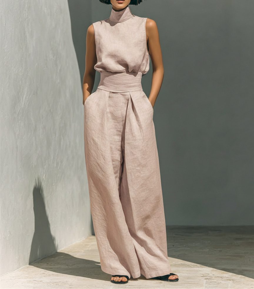 Casual Sleeveless Suit Summer Stand-up Collar Pullover Top And Loose Straight-leg Trousers Women's Clothing – Pink
