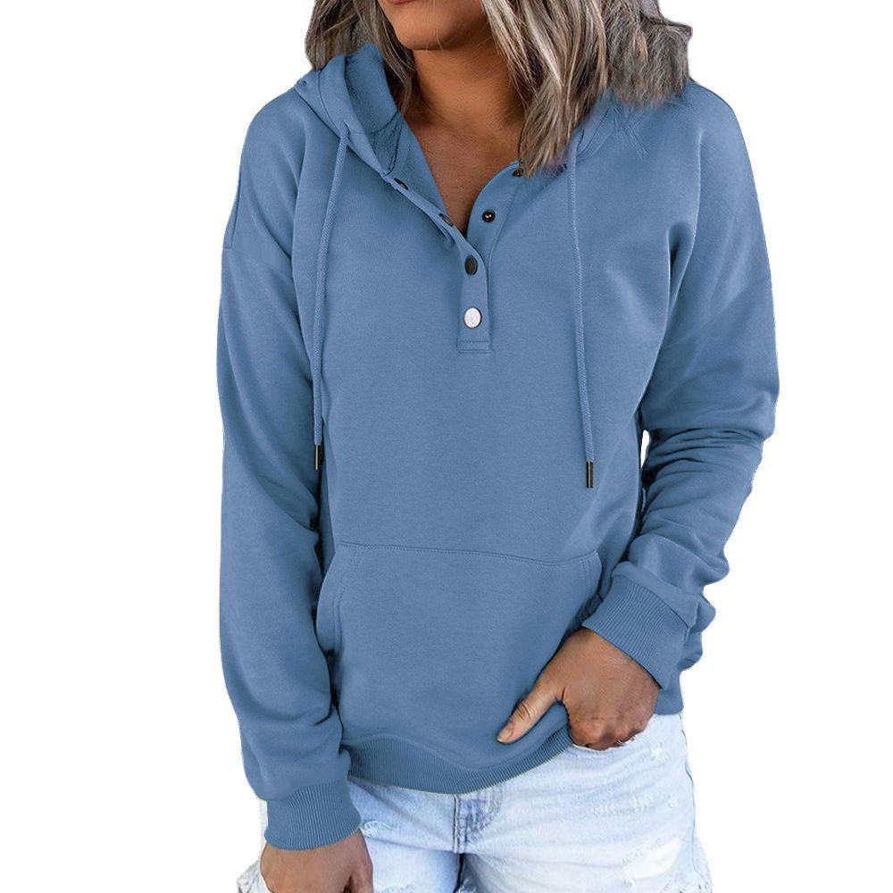 Long-sleeved Hooded Sweatshirt With Pockets Fashion Casual Button Drawstring Design Hoodie Top Spring And Autumn Sports Clothing For Women – Blue