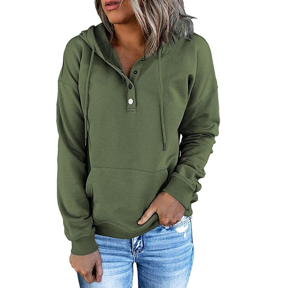 Long-sleeved Hooded Sweatshirt With Pockets Fashion Casual Button Drawstring Design Hoodie Top Spring And Autumn Sports Clothing For Women – Army Green