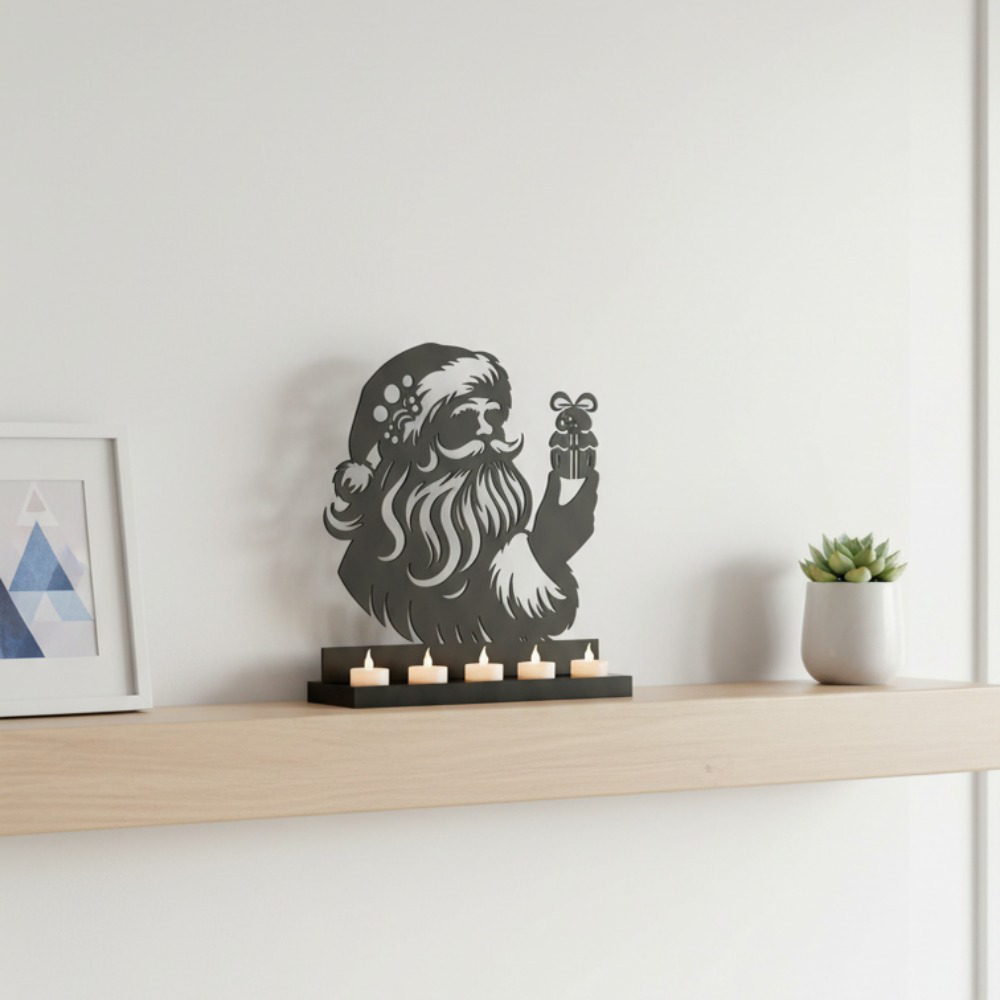Santa Claus Rustproof Iron Candle Holder Rustic Farmhouse Holiday Table Centerpiece Cozy, Winter Decor, for Fireplace Mantel Thoughtful, Gift for Family – view 3
