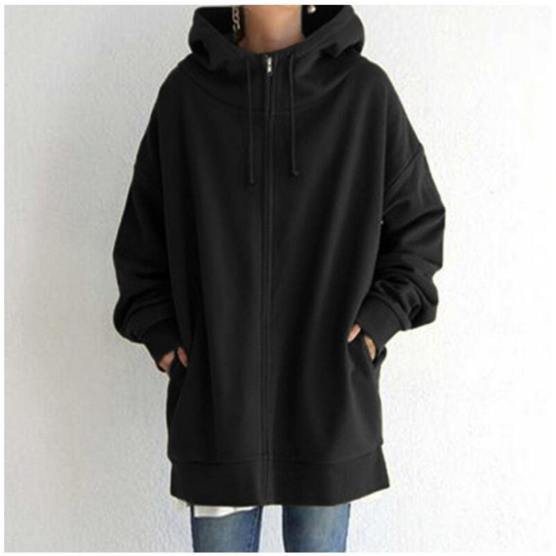 Oversized S-5XL Women Loose Hooded Coats Autumn Female Tie Collar Long Sleeve Zipper Up Add Velvet Long Sweatshirt – Black