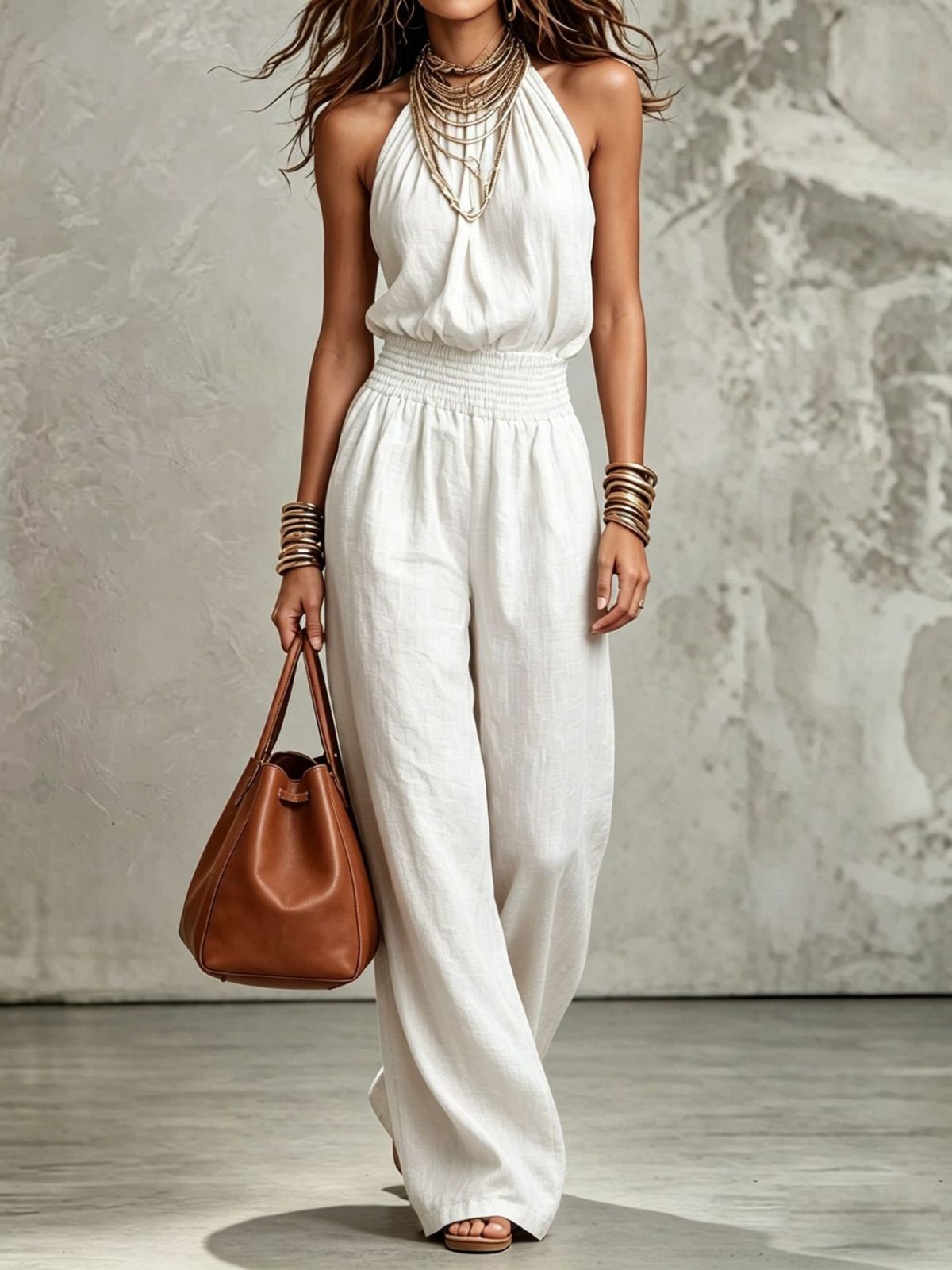 Womens Sleeveless Jumpsuit Backless Lace-up Halter Overall Pants Wide-leg Straight Onesie Trousers – White